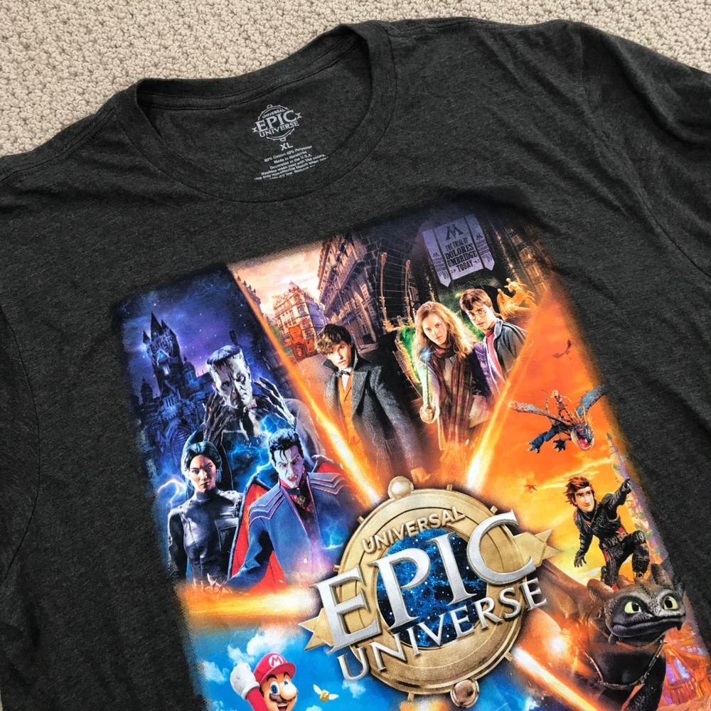 Universal Epic Universe Grand Opening 2025 T-Shirt XL Nintendo Harry Potter Gray